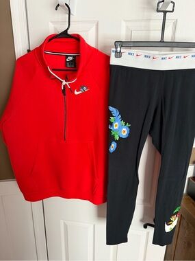 Nike Red Half-Zip Pullover with Black Floral-Accent Leggings